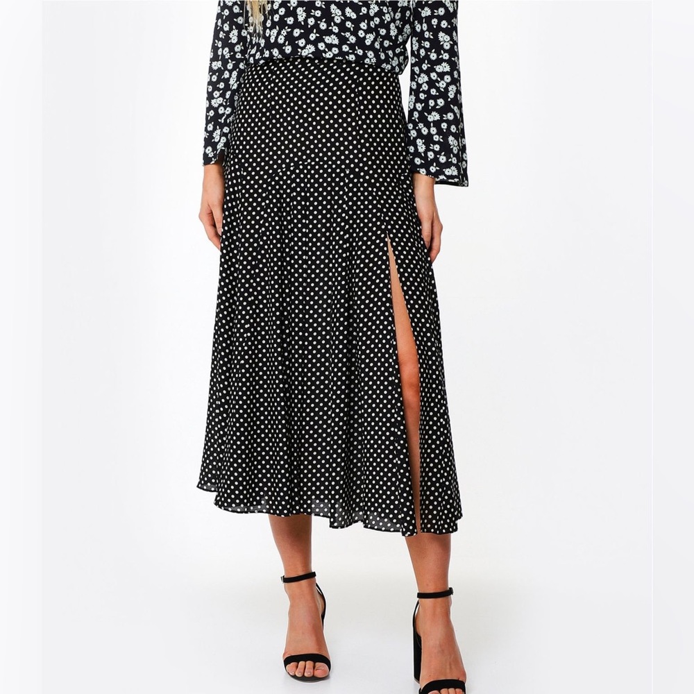 NWOT Rixo London pleated black & white stars silk midi skirt L